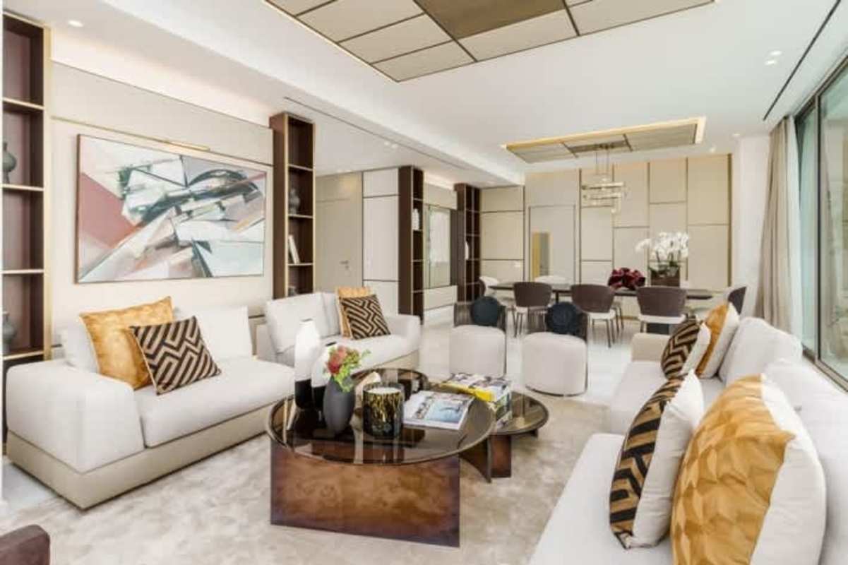 Modern dining area with designer furniture marble floors La Maison by Fendi Casa Panama City