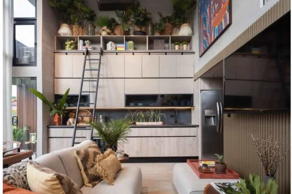 Double height mezzanine living with natural light smart home Panama condo PH Dovle