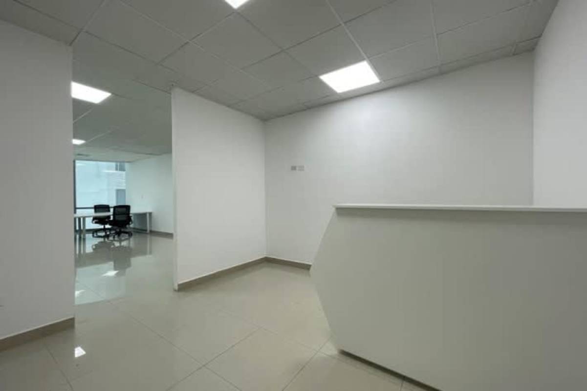 Reception area with desk and waiting zone in premium office at Financial Park Costa del Este Panama