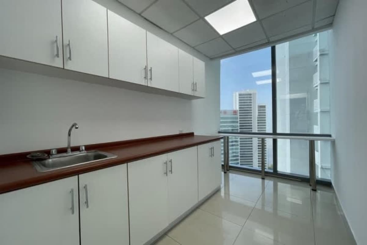 Modern kitchenette with large window in office Financial Park Costa del Este Panama