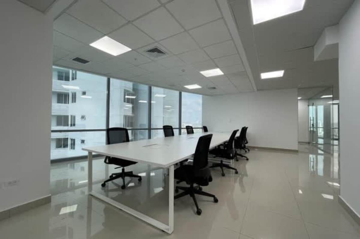 Meeting room with floor-to-ceiling windows panoramic views Financial Park Tower Costa del Este Panama