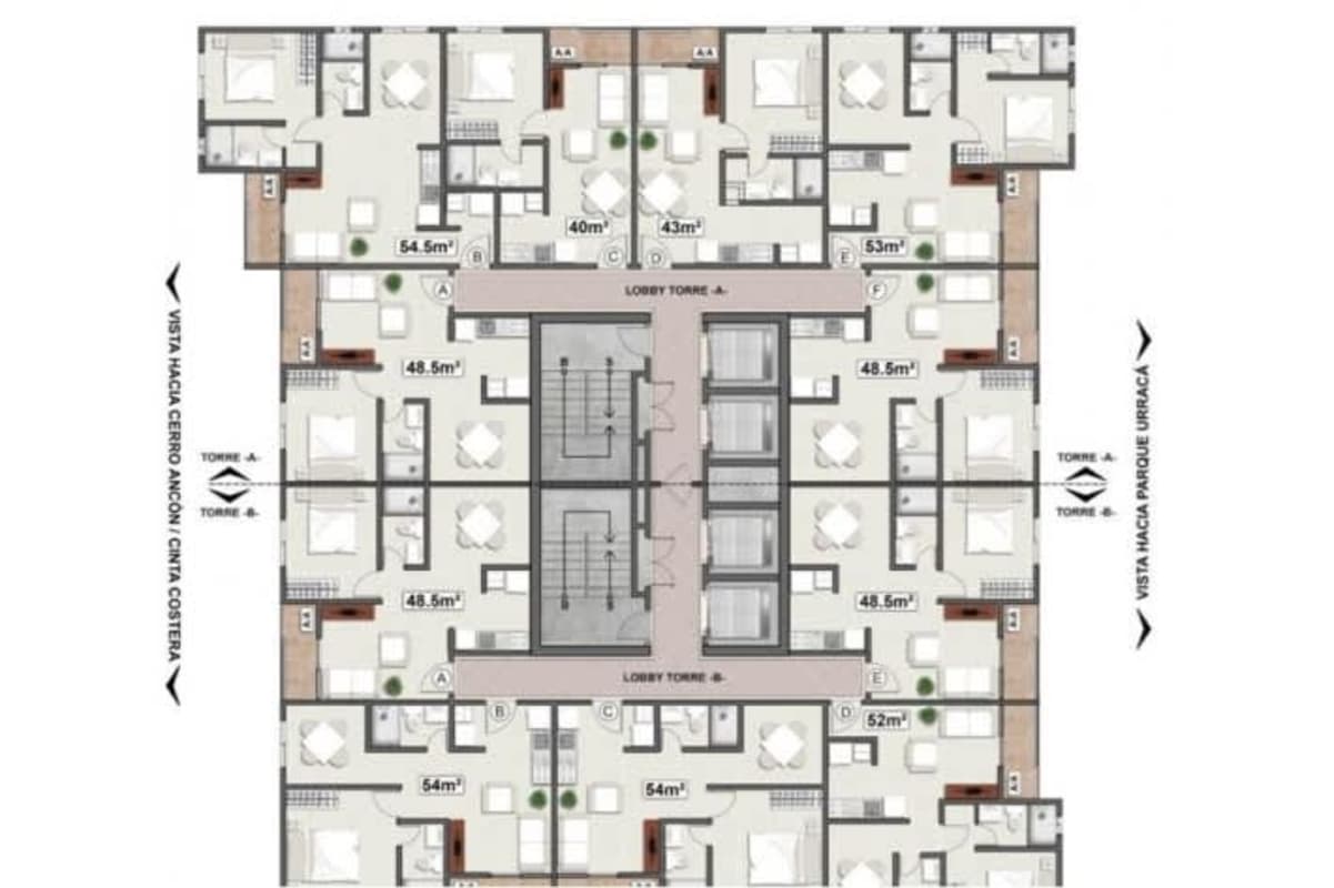 Floor plan of Alexa apartments one bedroom with kitchen living dining city condo Panama