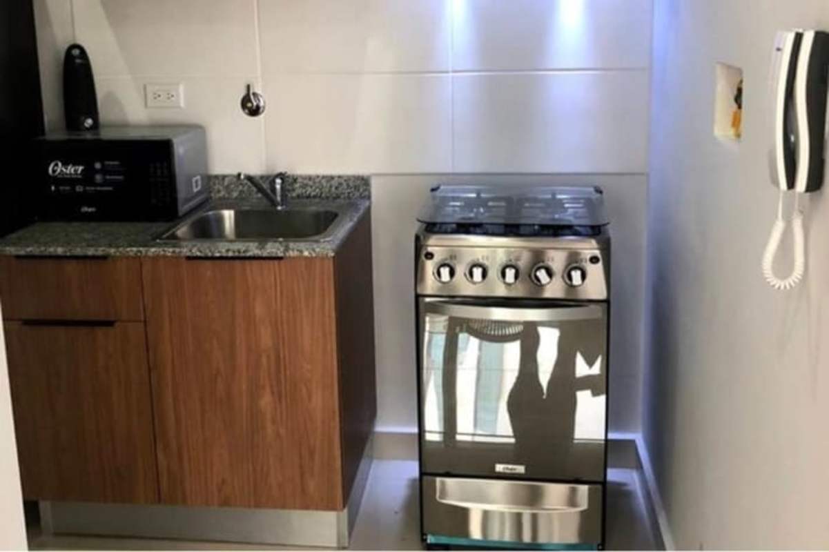 Small kitchen granite counter microwave stove Obarrio Tower rental Panama City
