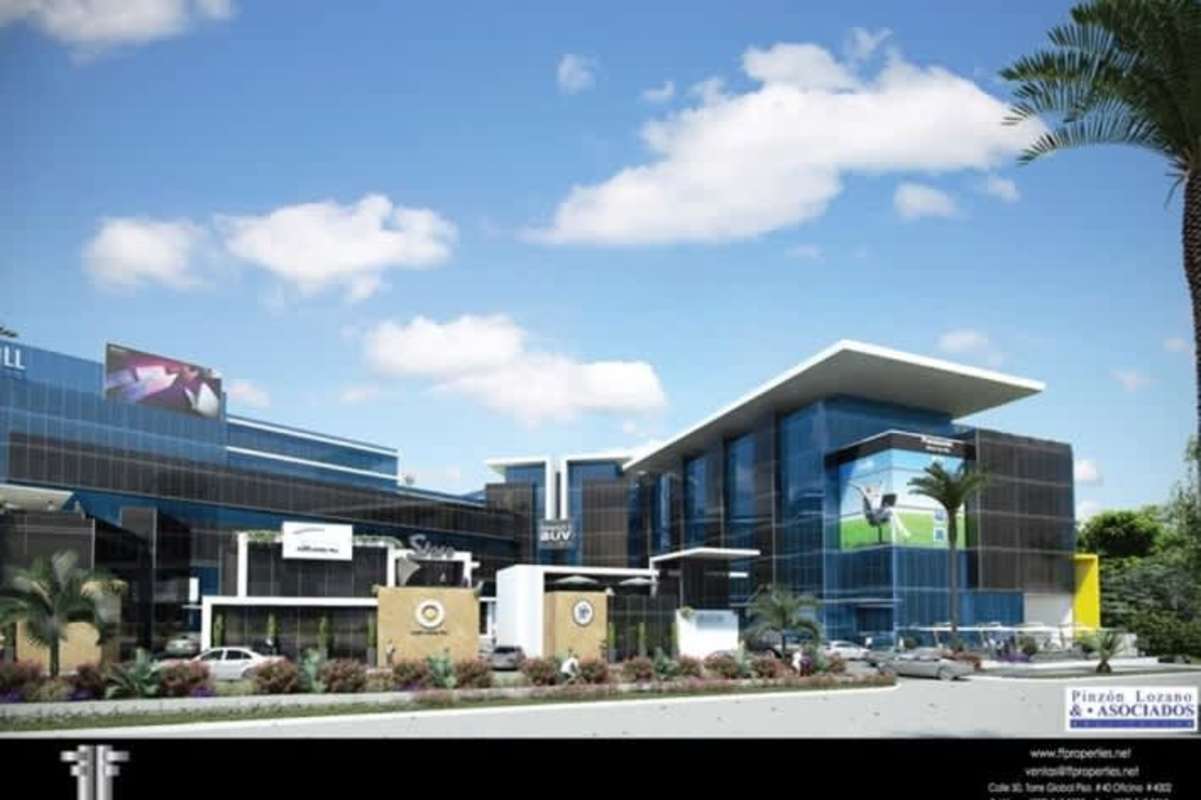 Parking lot in front of commercial retail stores in modern shopping plaza in San Francisco district Panama City.