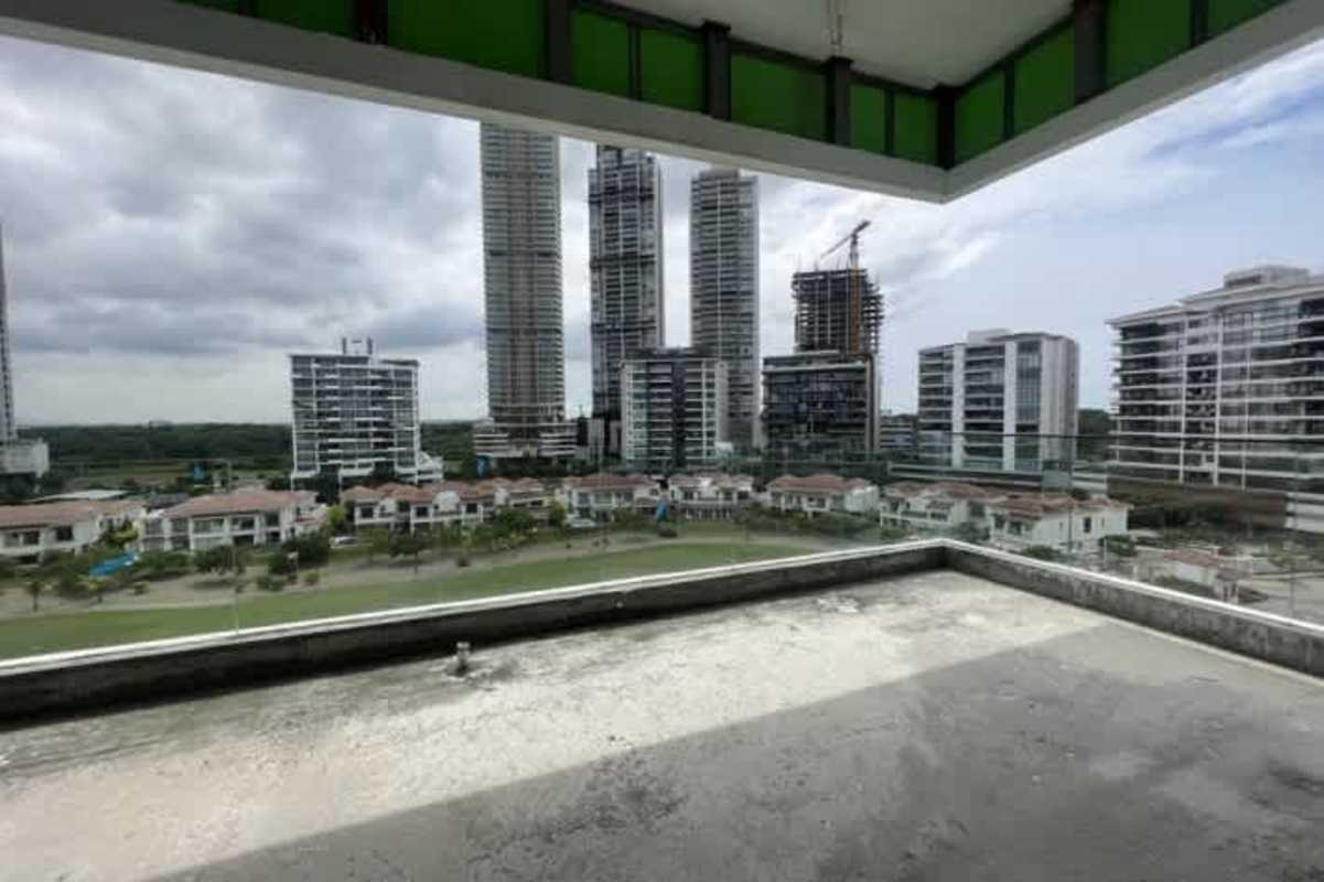 Wide city skyline balcony view from grey shell PH 818 apartment in Santa Maria Panama