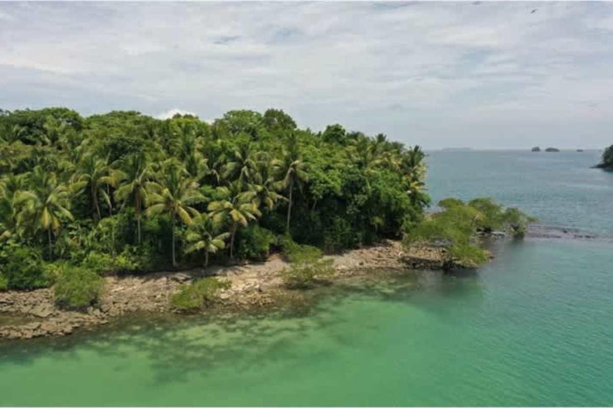 Aerial photo of Isla Quiros with dense tropical forest and turquoise waters Panama