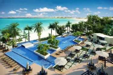 Modern beachfront condominium Bahía Tower exterior with balconies ocean view Panama