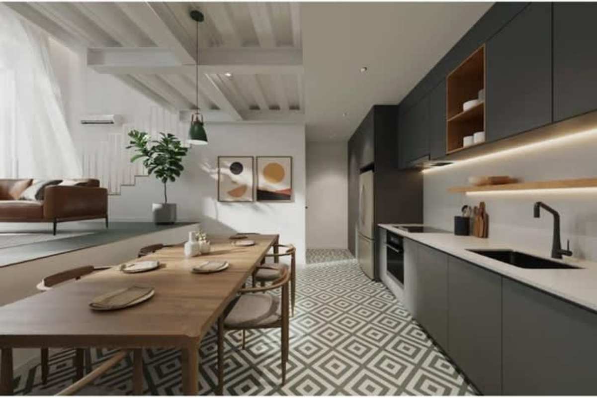 Minimalist kitchen integrated with dining and living area featuring geometric tiles PH Santa Ana Casco Viejo Panama
