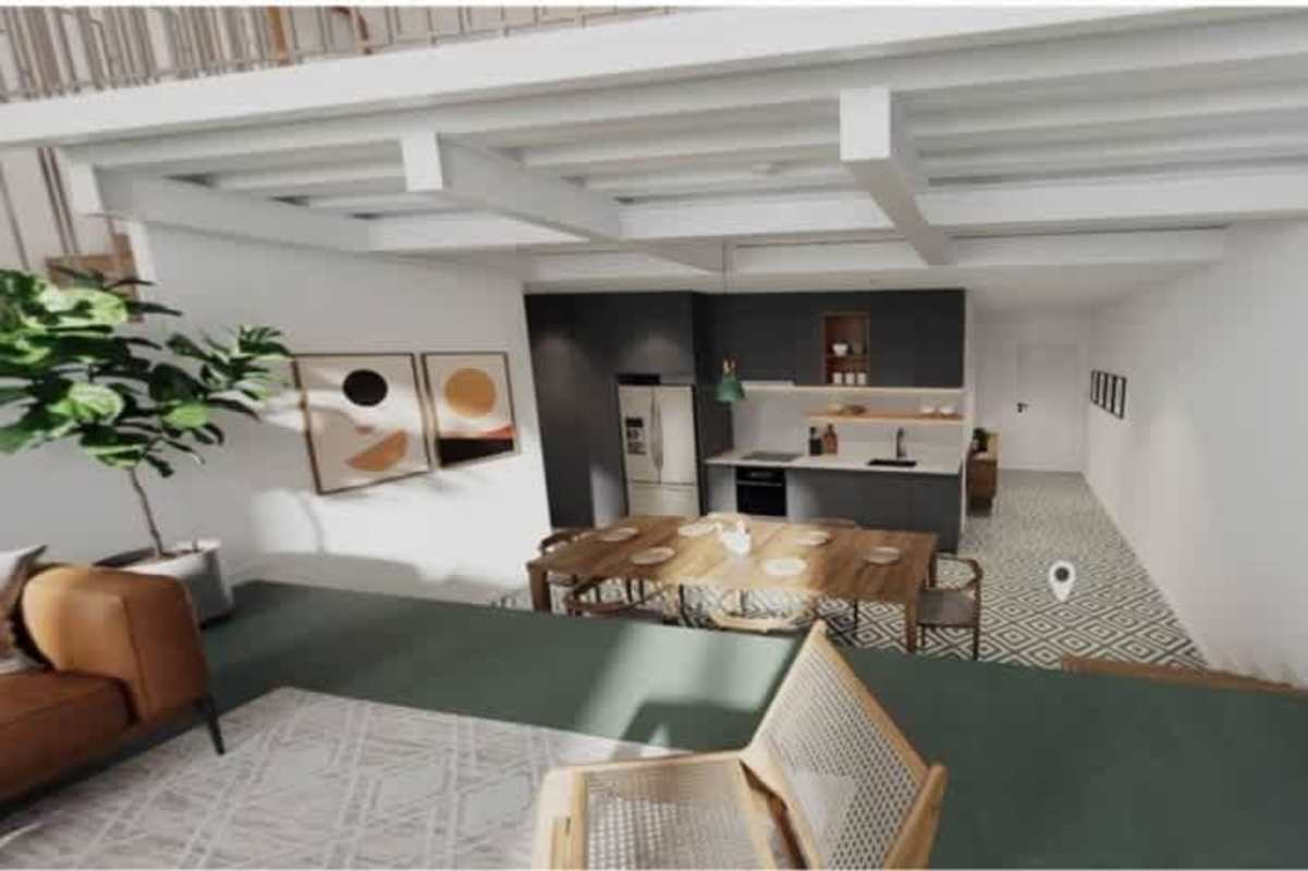 Modern open plan living kitchen space exposed beams Casco Viejo PH Santa Ana Panama