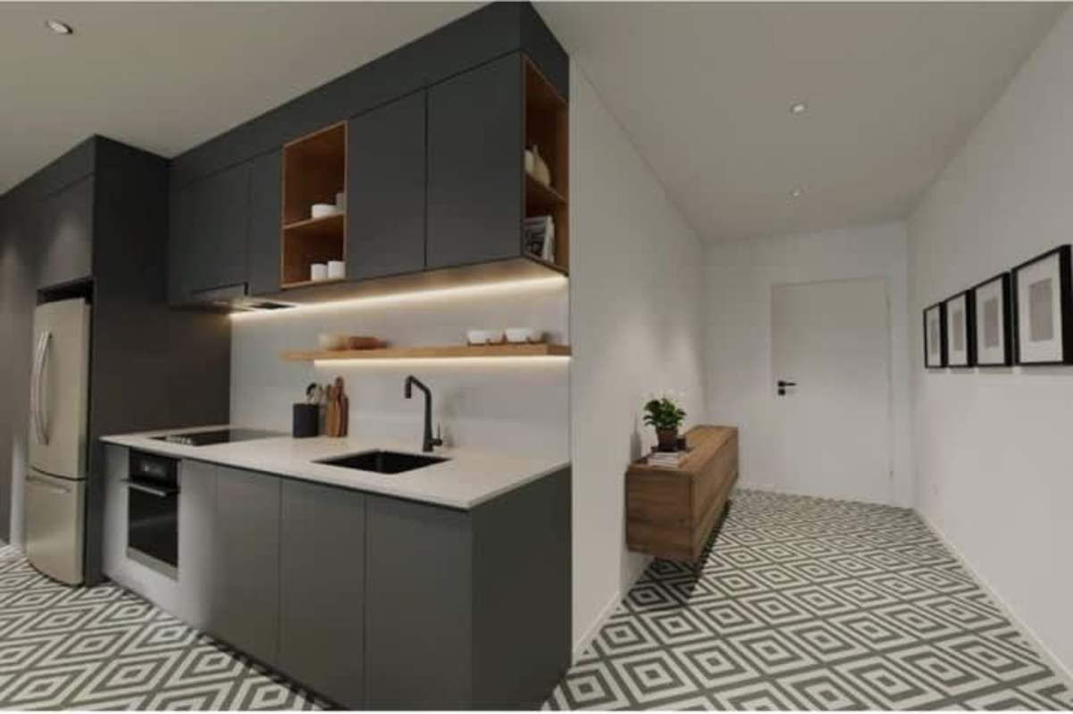 Modern compact kitchen dark cabinetry geometric tile floor PH Santa Ana Casco Viejo Panama