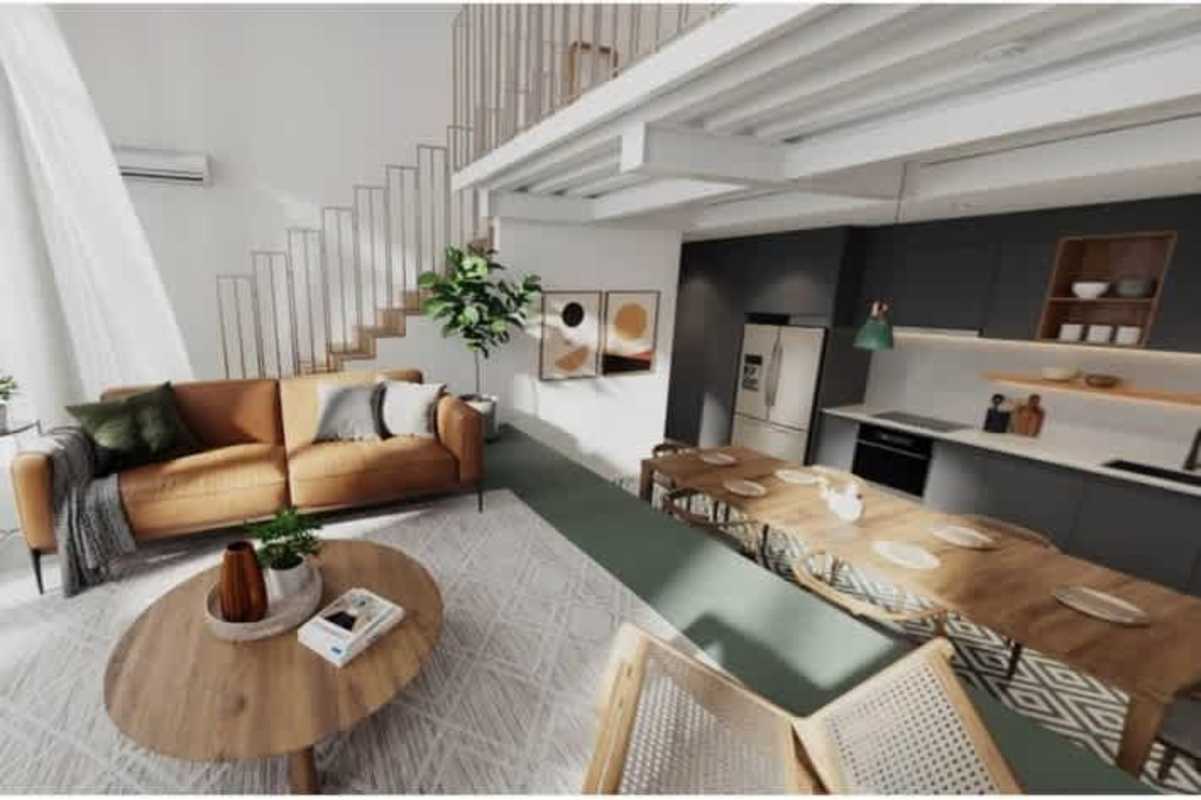 Bright loft double-height living with minimalist decor staircase Casco Viejo PH Santa Ana Panama