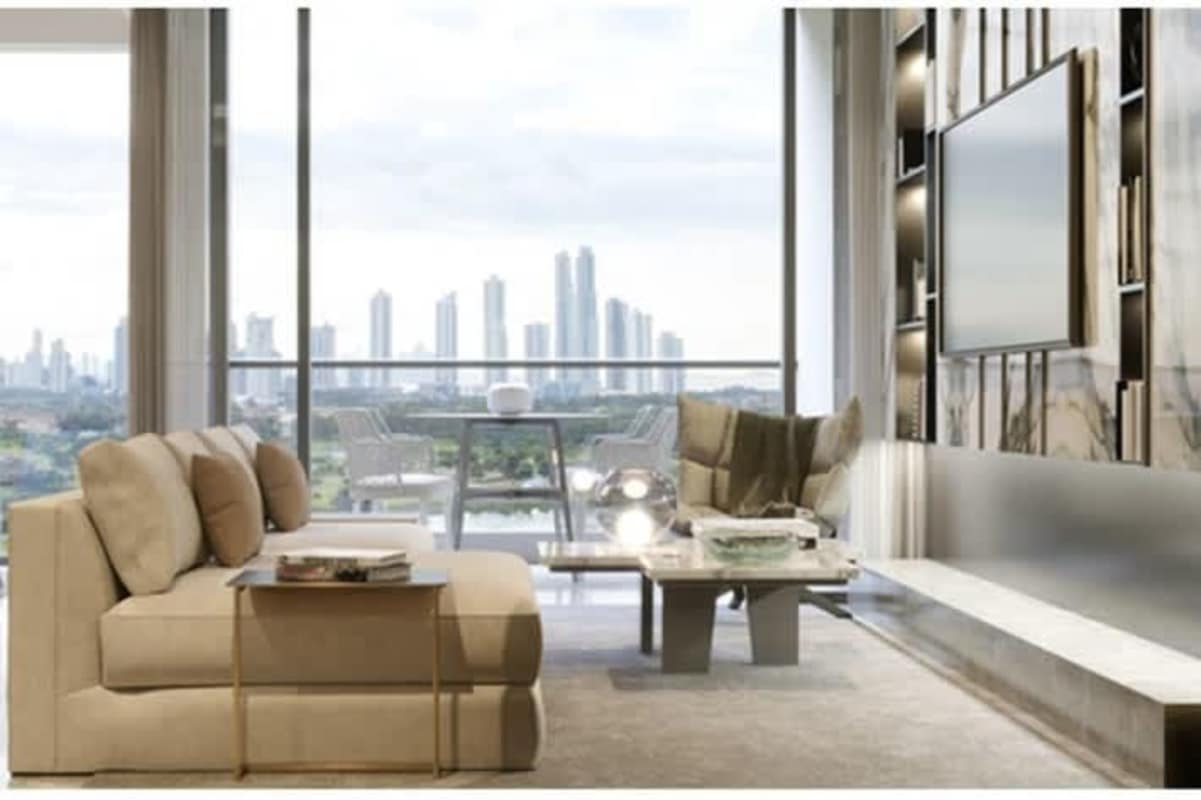 Modern kitchen with marble countertops, built-in oven, gas stove in The Ivy Santa Maria Panama City