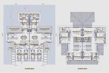 Two-floor duplex house architectural plan showing garage, bedrooms, balconies