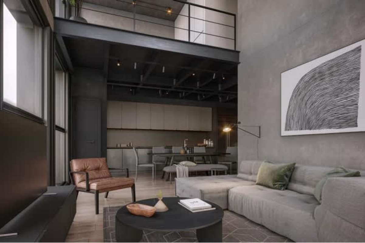 Modern industrial loft kitchen with dining table, exposed beams, floor-to-ceiling windows with pool view