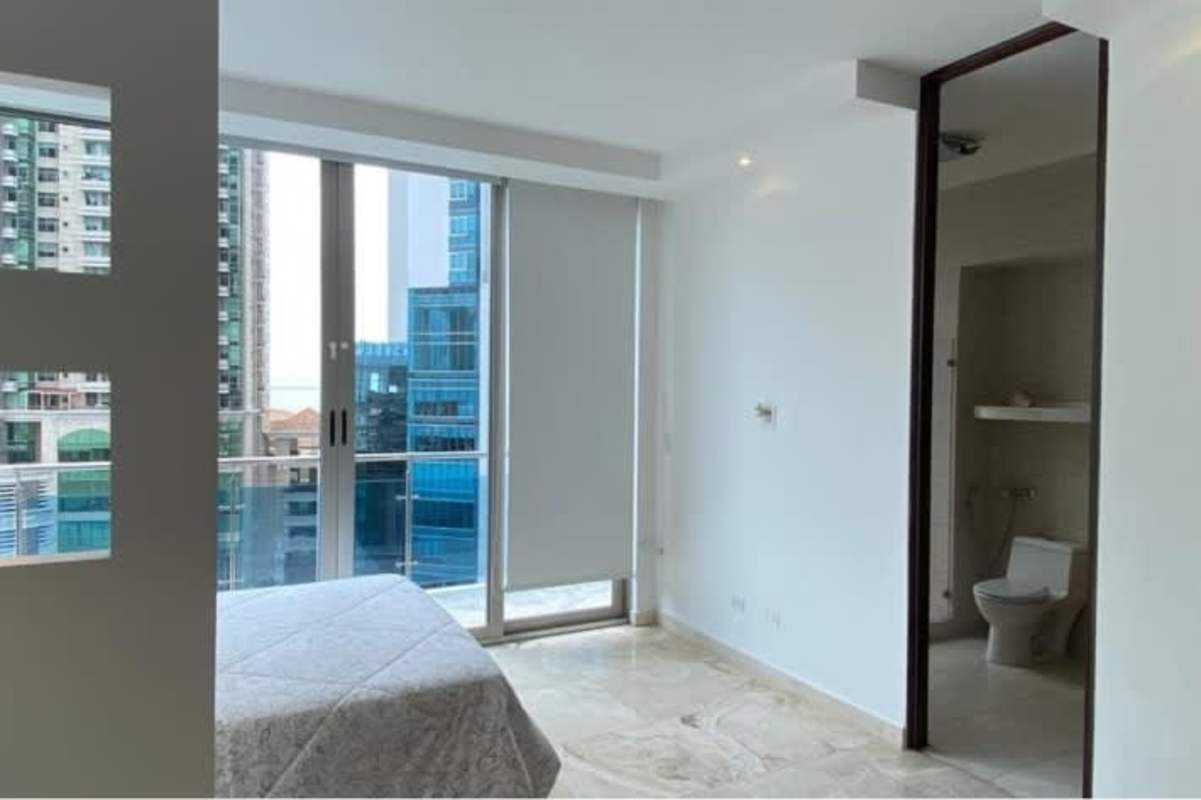 Elegant open living space with ocean views, marble flooring at PH Ocean Club Punta Pacifica Panama