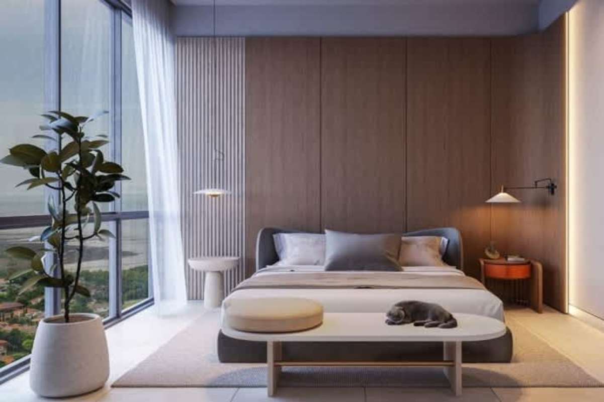 Bright modern bedroom with panoramic windows in Costa del Este Panama PH Regalia condo