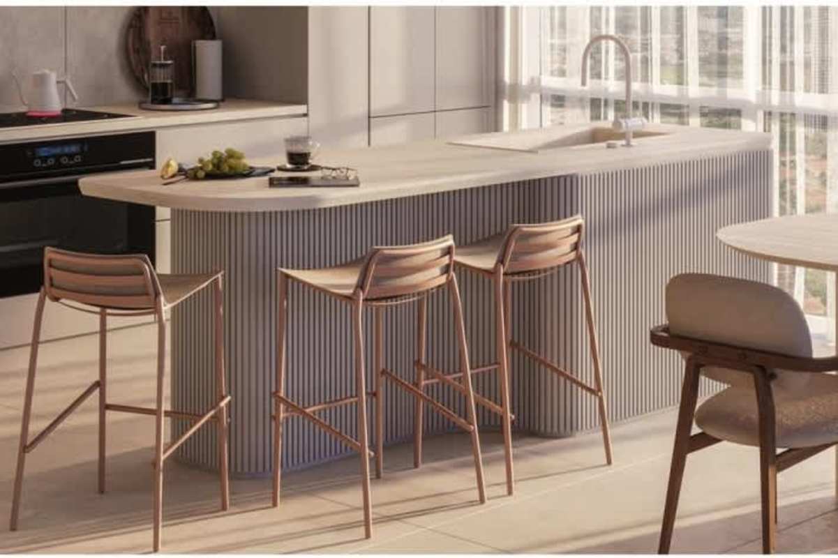 Modern kitchen with island seating dining area new condo in Costa del Este Panama