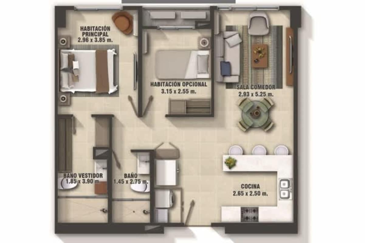 Floor plan layout of 1 bedroom 2 bathroom apartment with optional second bedroom at PH Argon El Cangrejo Panama City