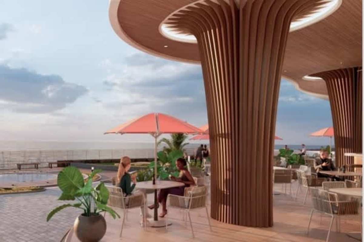 Sky terrace lounge area with panoramic ocean views in Punta Pacífica condo development Panama