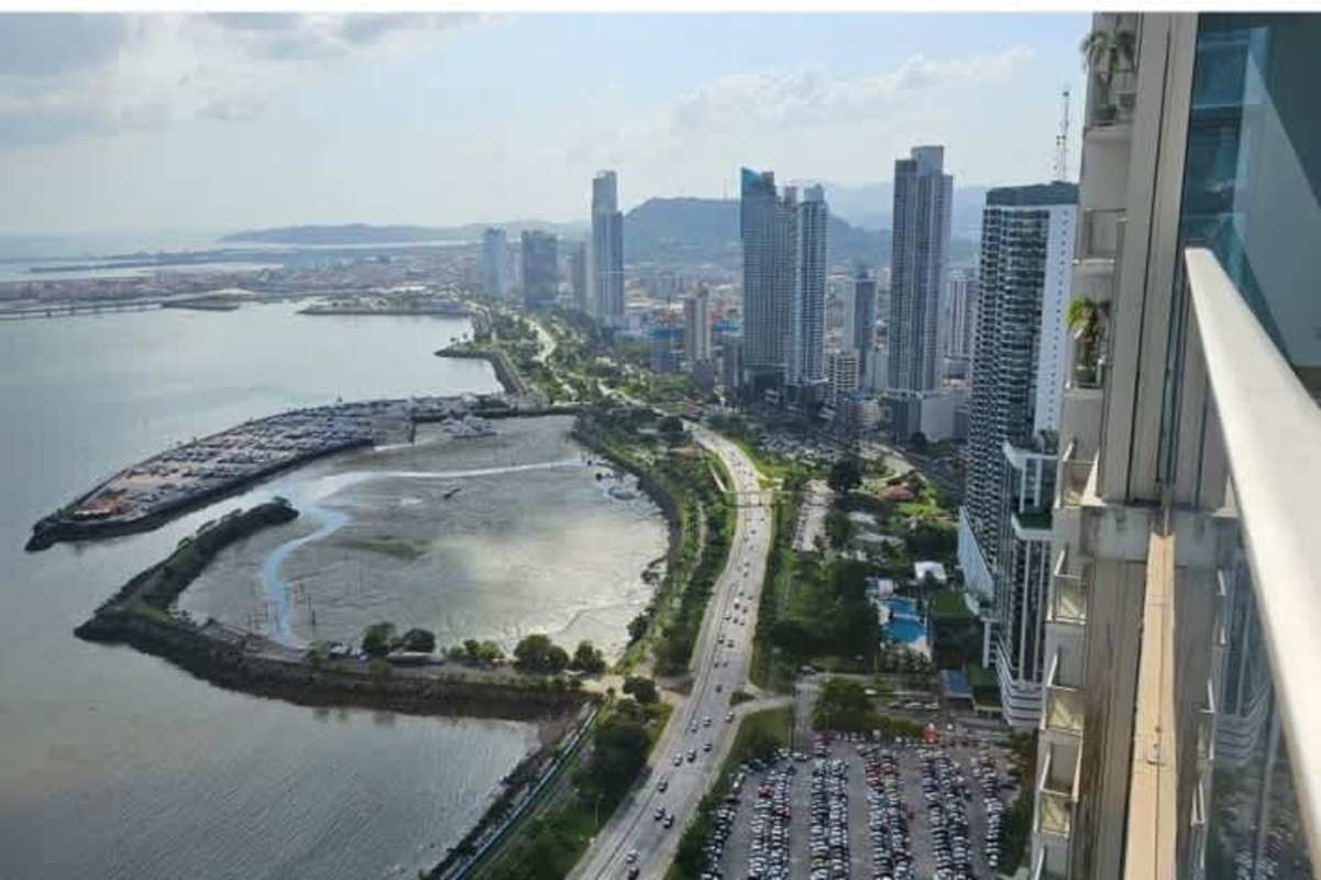 Balcony with panoramic ocean and city skyline views in PH Waters on the Bay Panama City