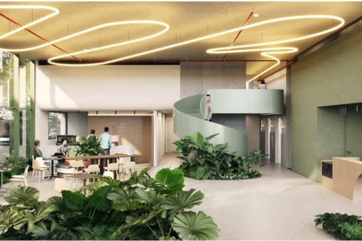 Modern lobby café lounge with spiral staircase at Coco del Mar Eco tower Panama