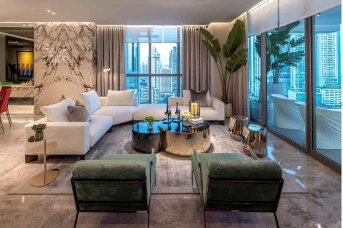 Panoramic ocean view living room luxury condo PH Pacific Point Punta Paitilla Panama