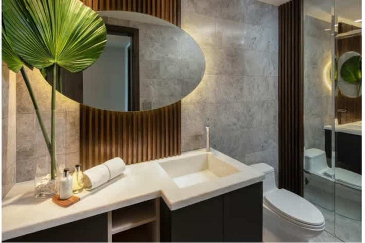 Stylish bathroom marble tiles wood accent design PH Pacific Point Panama