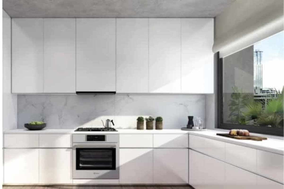 Living room featuring beige sectional sofa, city skyline views, modern minimalistic decor in PH Marqués de Marbella