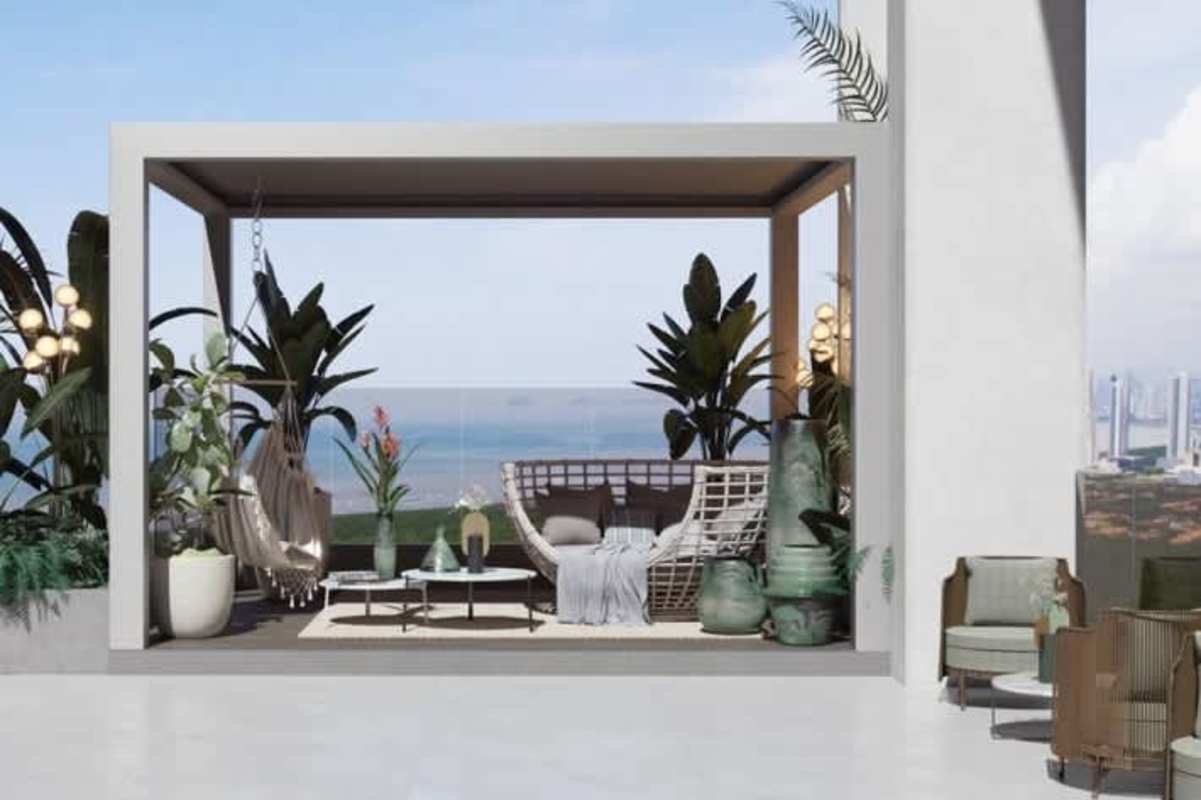 Luxury terrace with ocean and city views, lounge seating at PH The Ivy Santa Maria Panama
