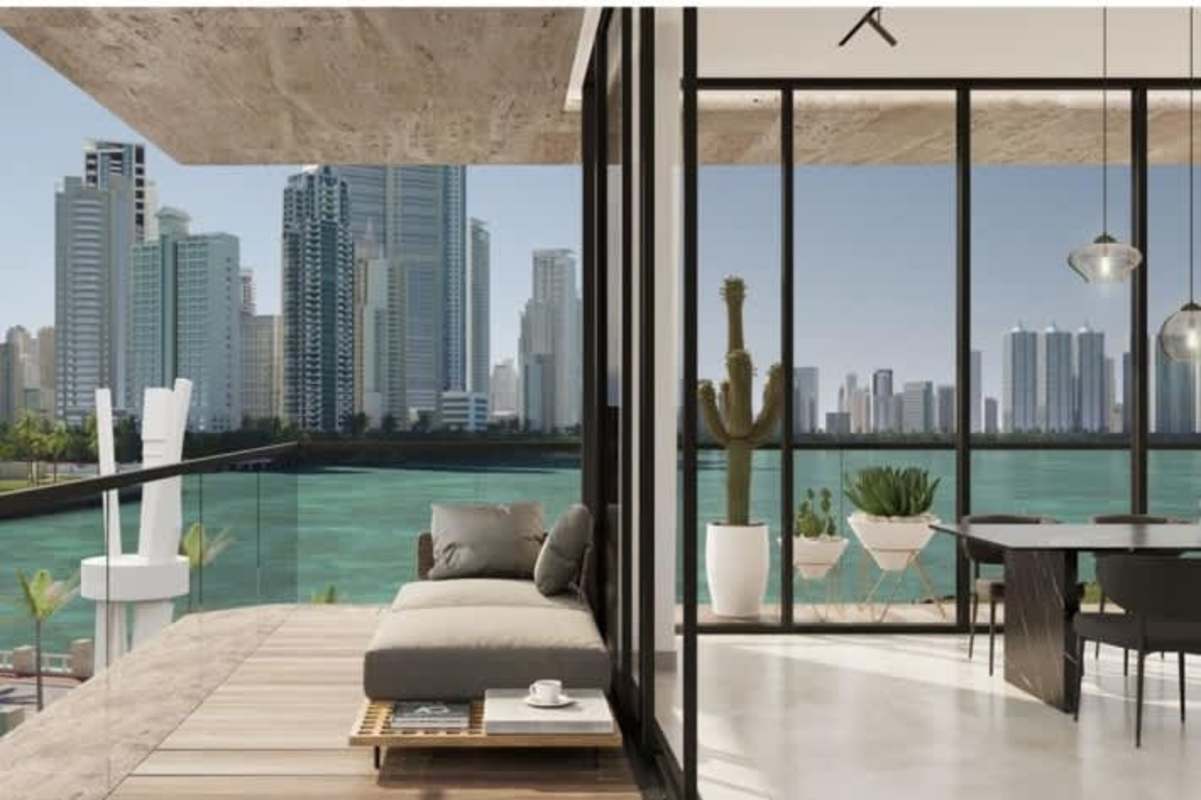 Spacious luxury living area with panoramic windows onto Pacific Ocean and yacht marina in Ocean Reef Islands Panama City