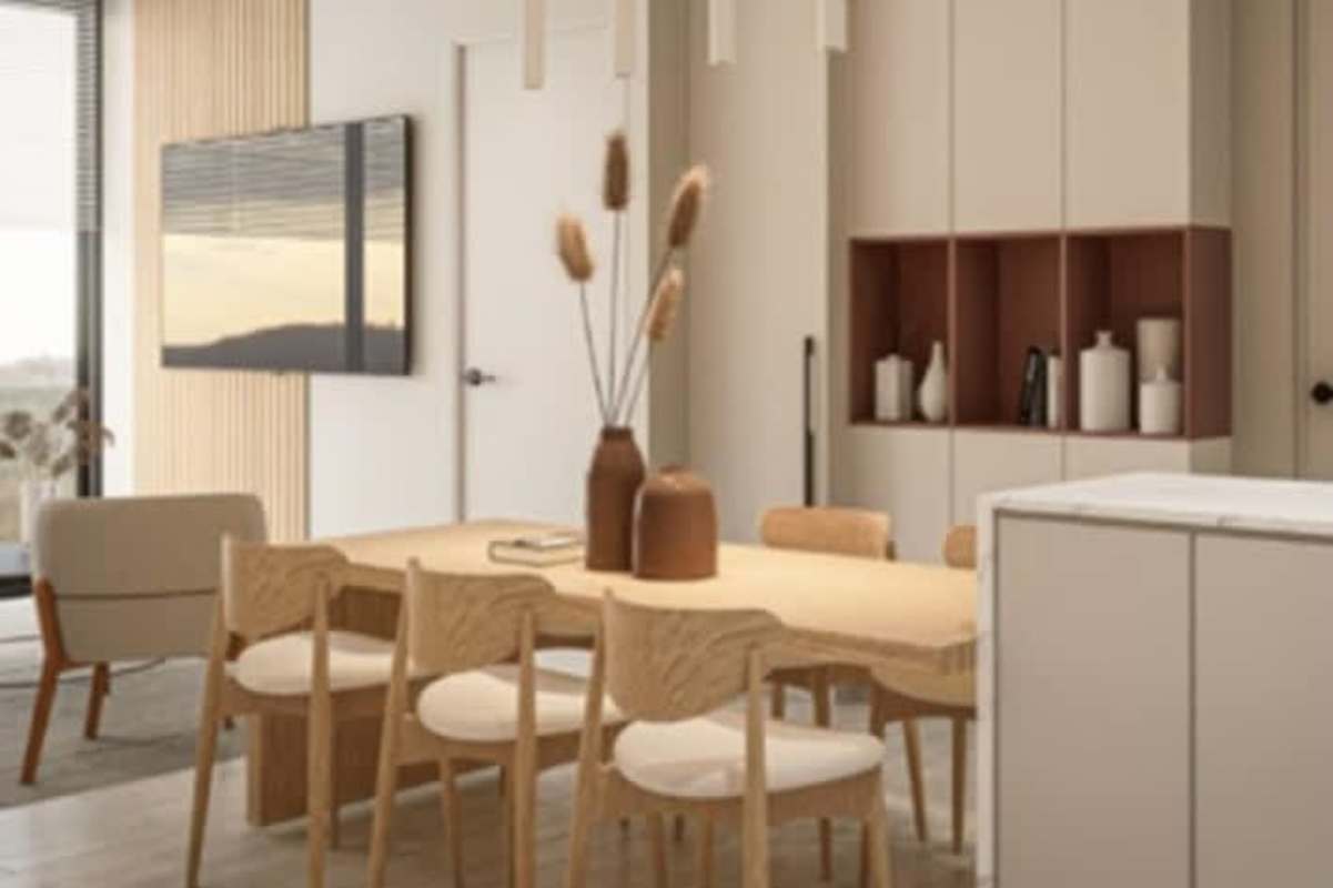 Modern open kitchen and dining with marble island, stove, expansive windows in PH Marbella Smart Residences Panama City