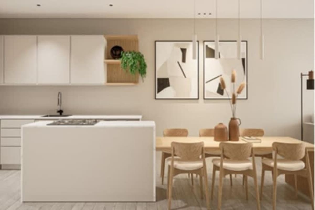 Minimalist kitchen and dining area with contemporary lighting and cabinetry in Marbella Smart Residences, Panama