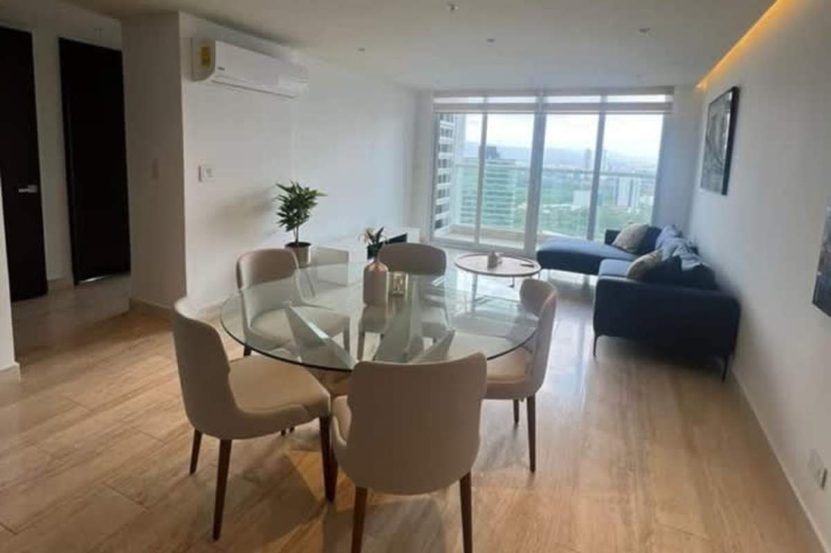 Modern bedroom with large window city views closet split AC Costa del Este Panama