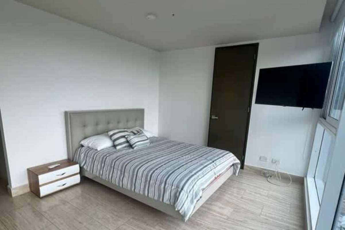 Private balcony with waterfront skyline views Costa del Este Panama rental apartment