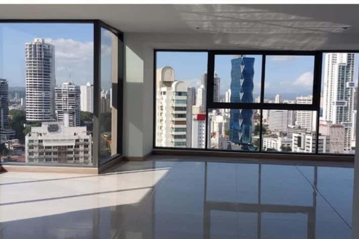 Balcony terrace in high-rise apartment with panoramic skyline views Bella Vista Panama City