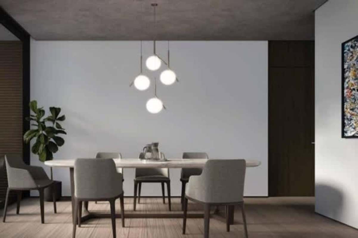 Living room with large window city views, minimalist decor Marbella Panama luxury apartment