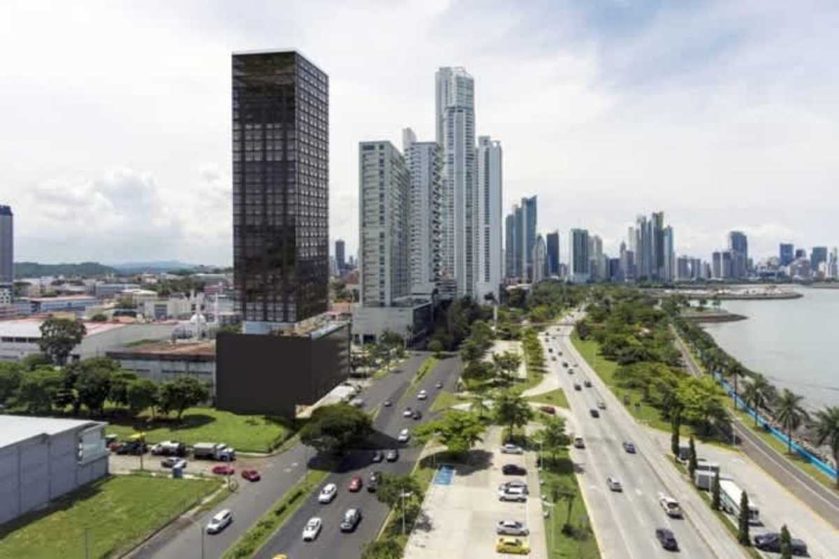 Panama City skyline aerial along coastal Balboa Avenue waterfront with modern towers