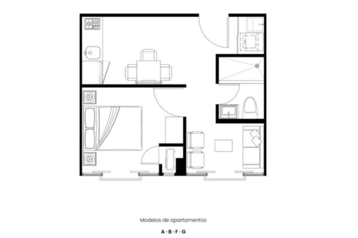 Modern black and white floor plan of one-bedroom apartment at The Walker on Avenida Balboa Panama