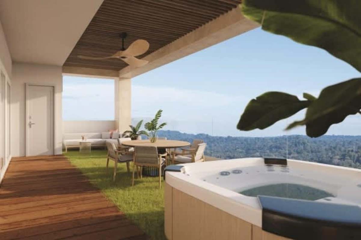 Rooftop infinity pool with skyline and ocean views in Oceana Santa Maria Panama City