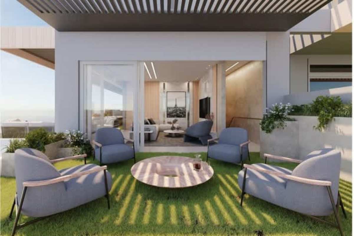 Modern outdoor terrace with jacuzzi, lounge area, panoramic sea views at Oceana Residences Santa Maria Panama City