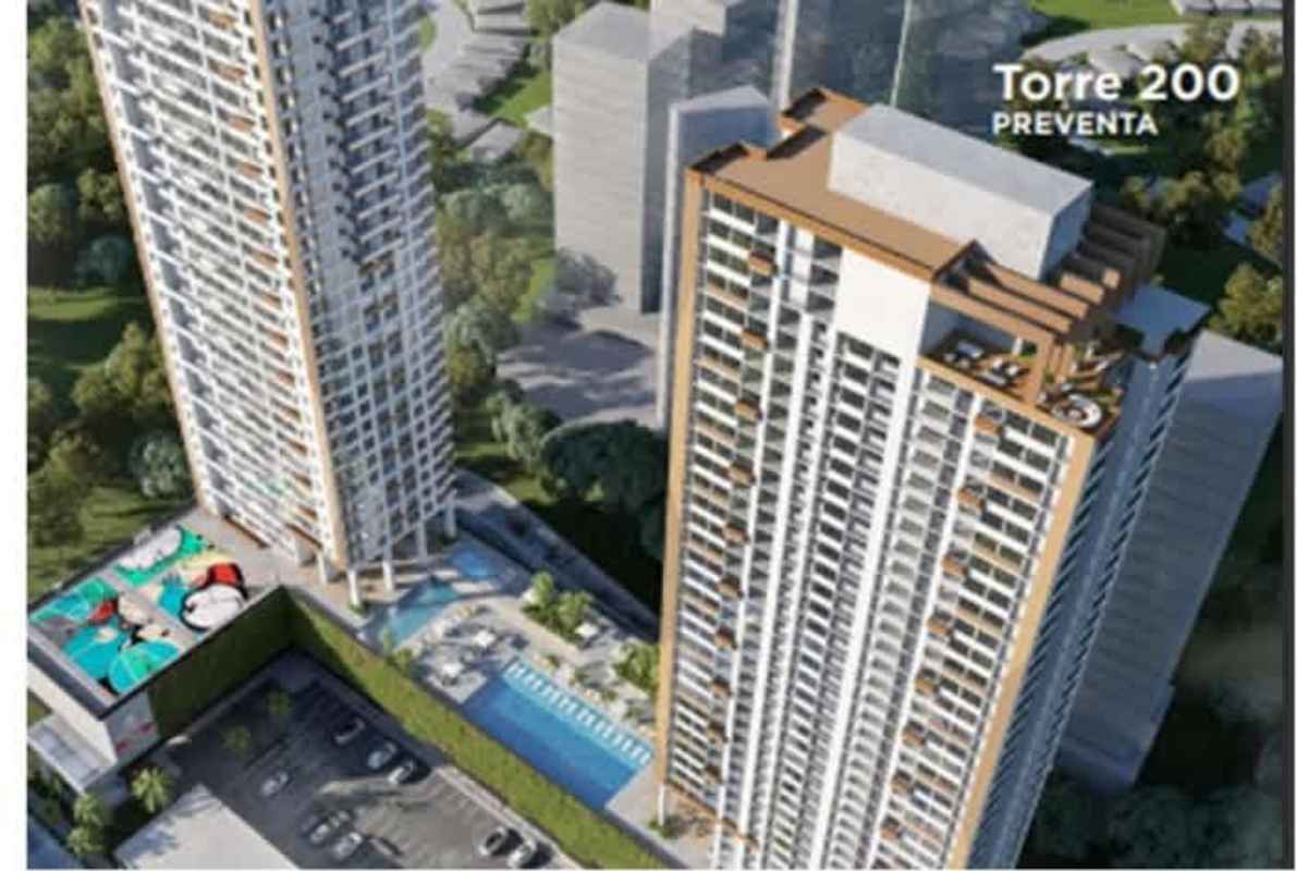 Aerial view of Greenwood Towers 200 buildings with pool and play areas San Miguelito Panama City