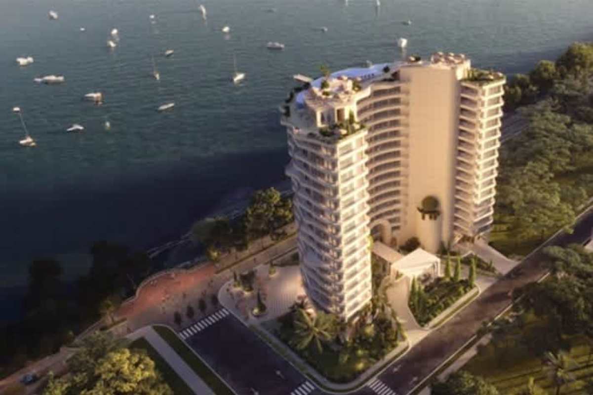 Bird's-eye view of waterfront condo PH Cava Rosa with marina in Amador Panama