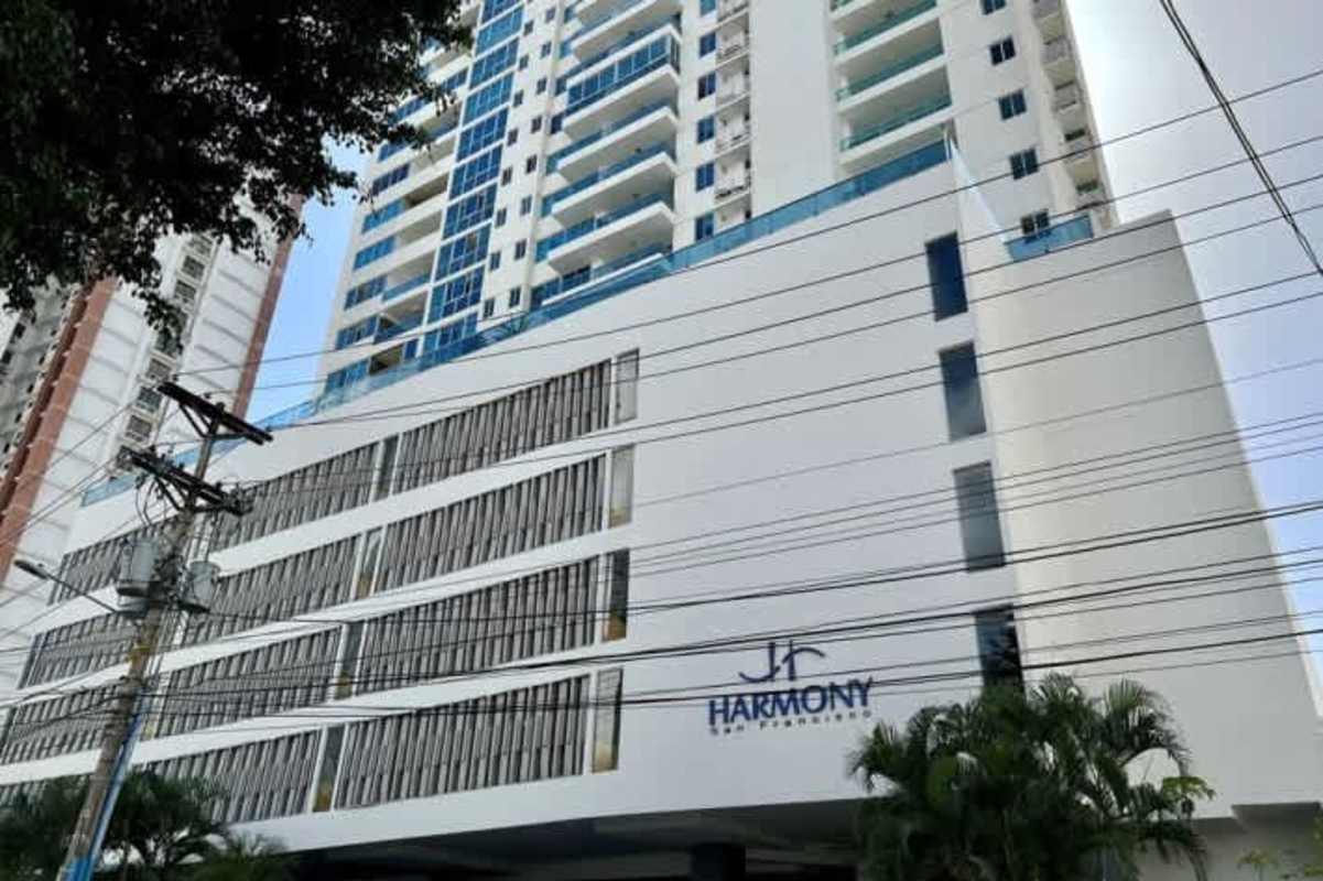 Balcony with panoramic city skyline views from apartment in PH Harmony Tower Panama City