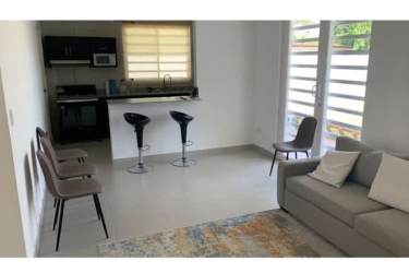 Modern dark wood kitchen with L-shaped granite counters, stainless appliances in Nueva Gorgona Panama