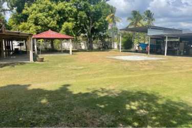 Spacious backyard with green lawn, fruit trees, and gazebo at Bejuco countryside estate Chame Panama