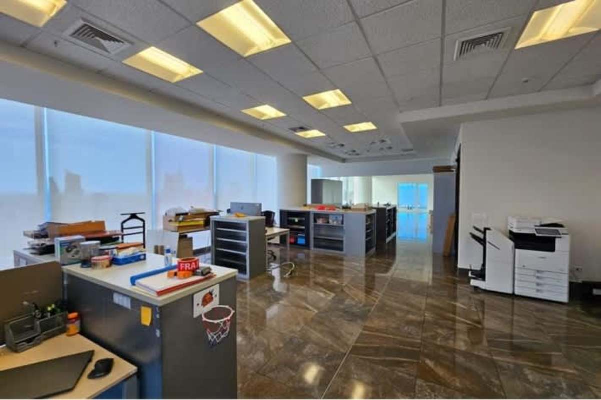 Modern office restroom with granite countertop and large mirror Ocean Business Plaza Panama