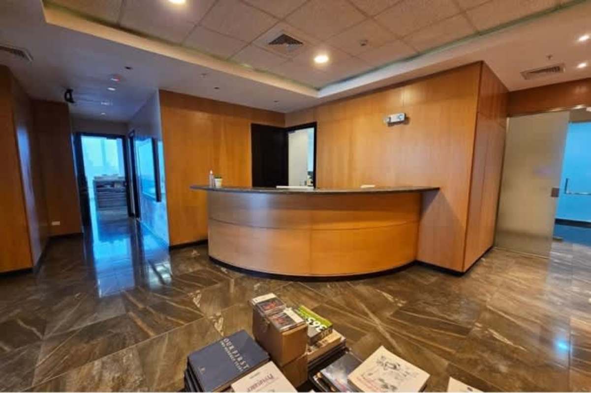 Corporate lobby reception with marble floors and seating in Ocean Business Plaza Punta Pacifica Panama City