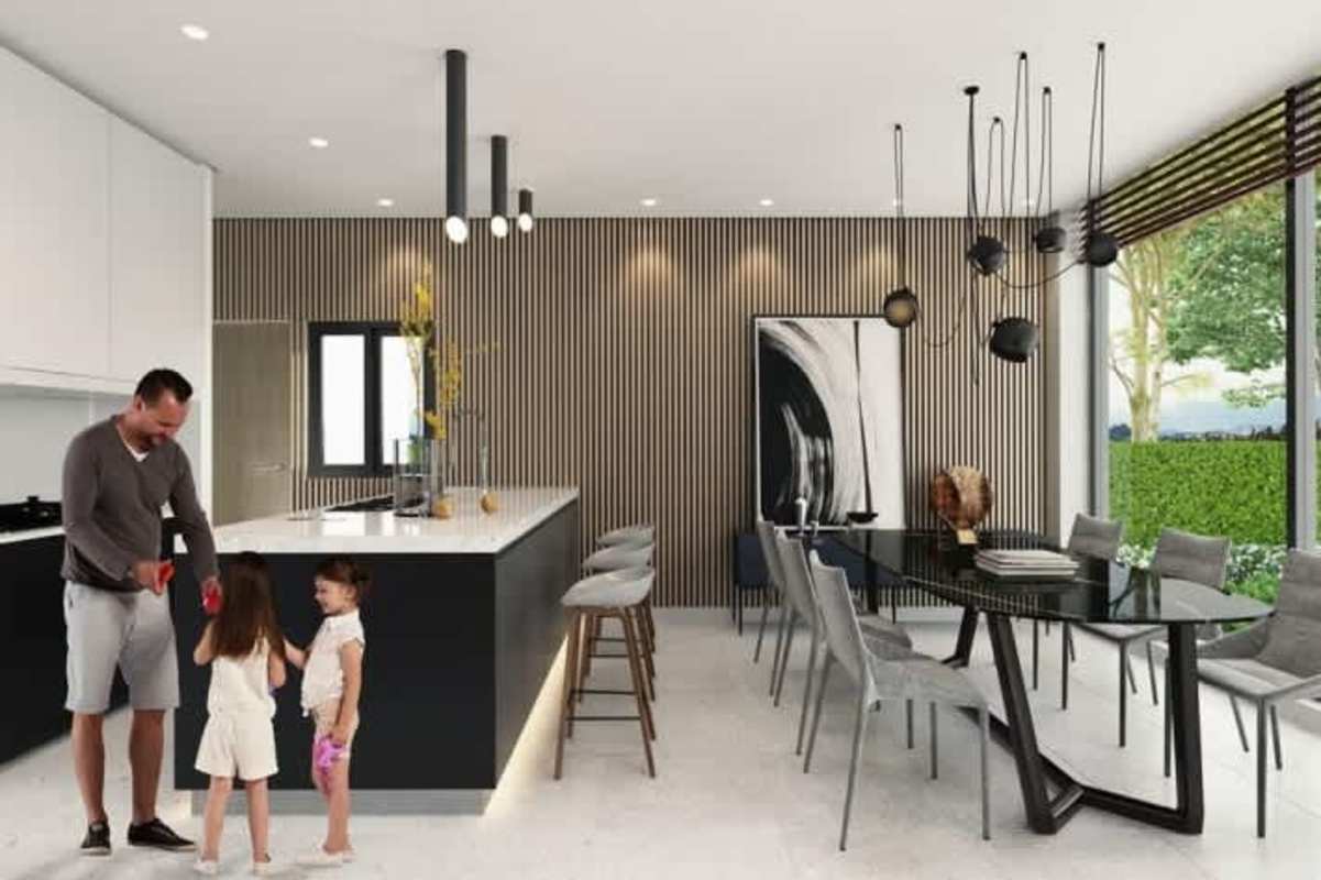 Modern kitchen with breakfast bar and open dining area large windows Riverwalk Panama