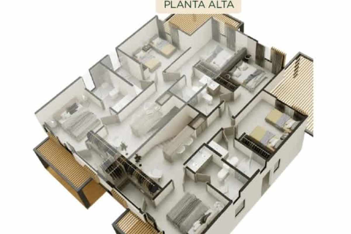 3D plan of upper floor with bedrooms, bathrooms and balconies in Riverwalk Green City