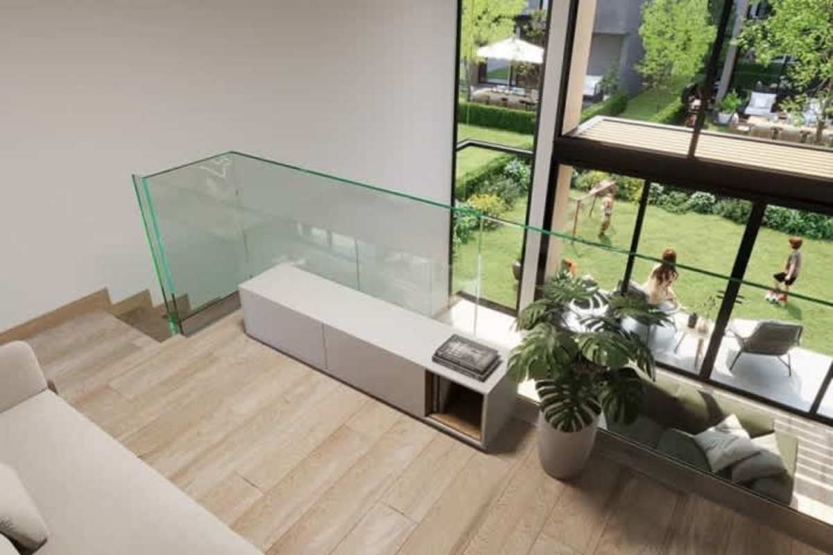 Single-floor modern villa layout aerial showing living, dining, patio, carport at Green City